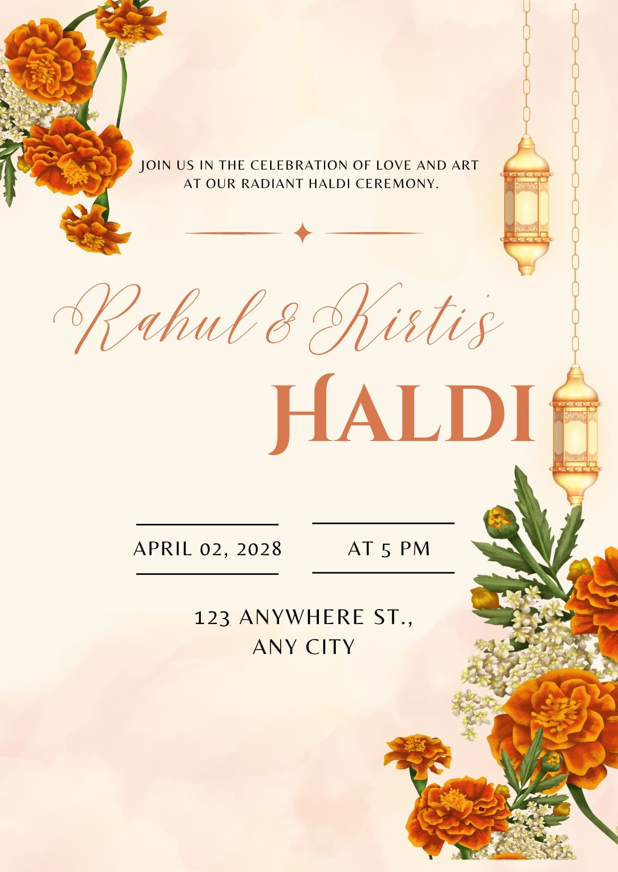 Cream and Orange Haldi Invitation Cards