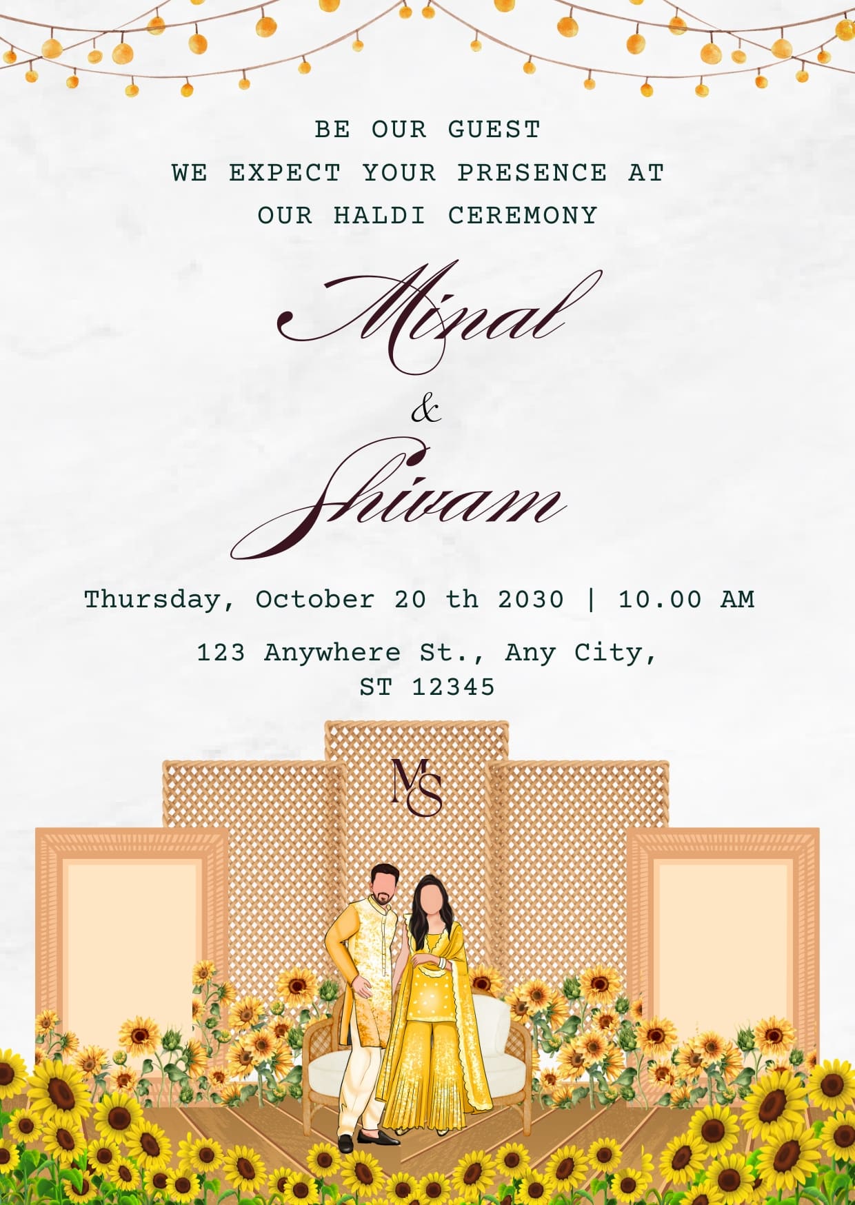 Gold and Yellow Sunflower Theme Haldi Ceremony Invitation Cards