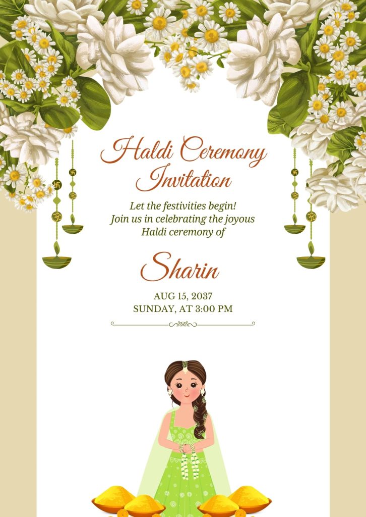 Green and White Feminine Haldi Invitation Cards
