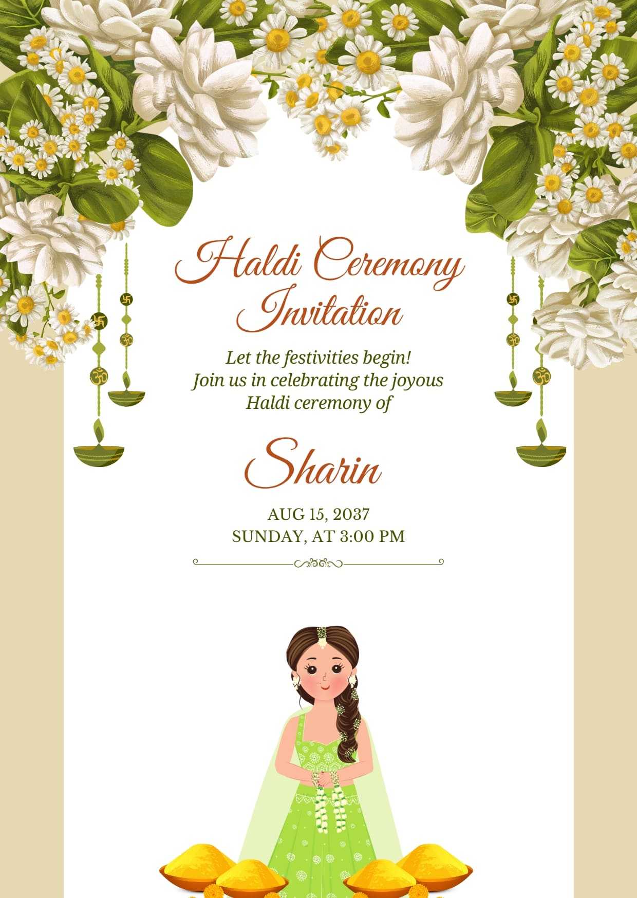 Green and White Feminine Haldi Invitation Cards