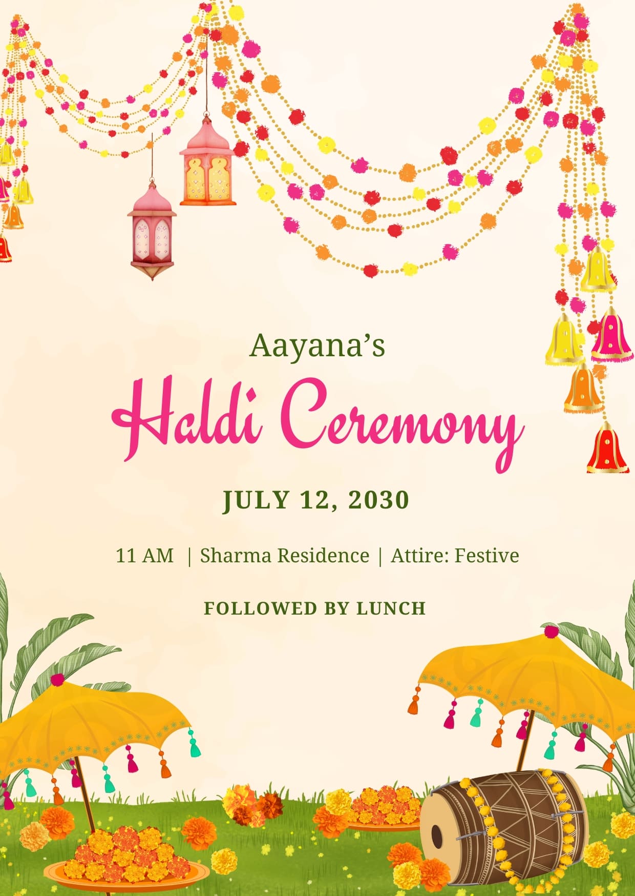 Green and Yellow Watercolor Indian Wedding Haldi Invitation Cards Template