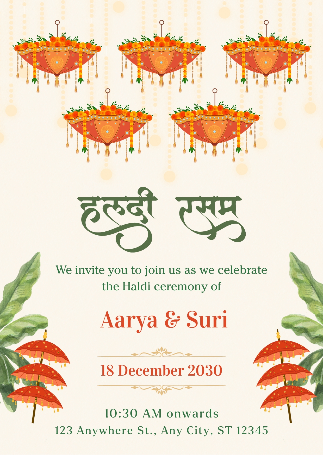 Orange And Green Haldi Ceremony Invitation Poster Cards
