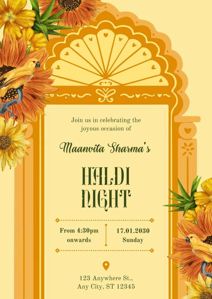 Orange & Green Modern Aesthetic Floral Indian Wedding Haldi Invitation Cards
