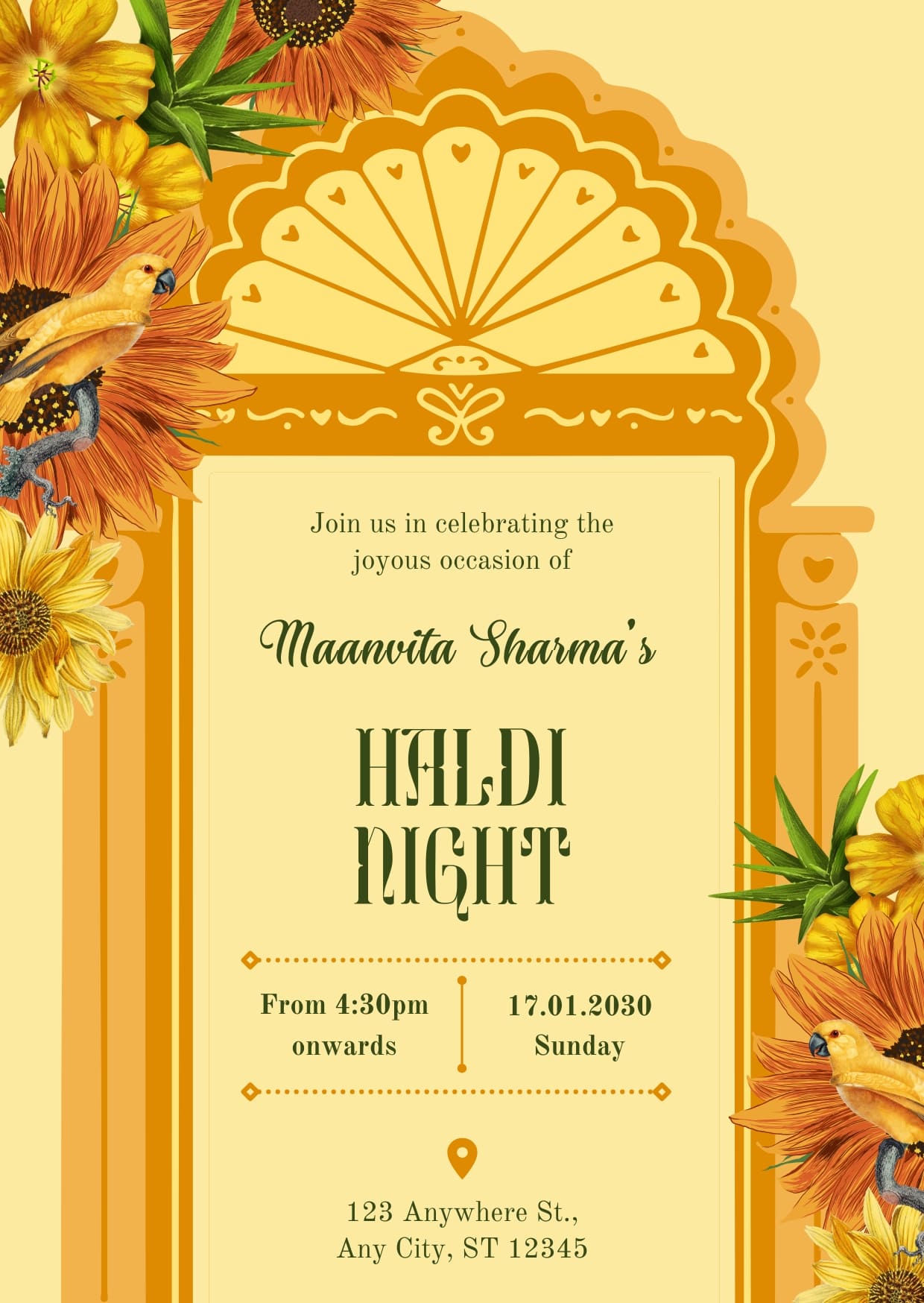 Orange & Green Modern Aesthetic Floral Indian Wedding Haldi Invitation Cards