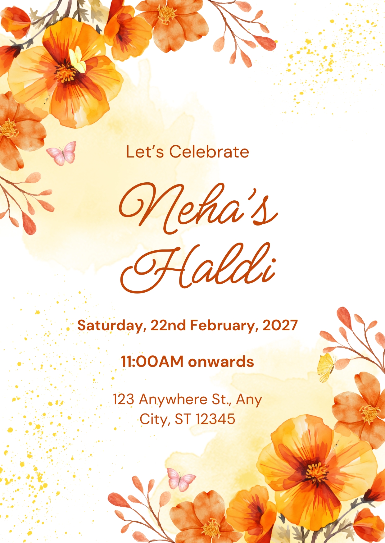 Orange yellow Watercolor Haldi Invitation Poster Cards