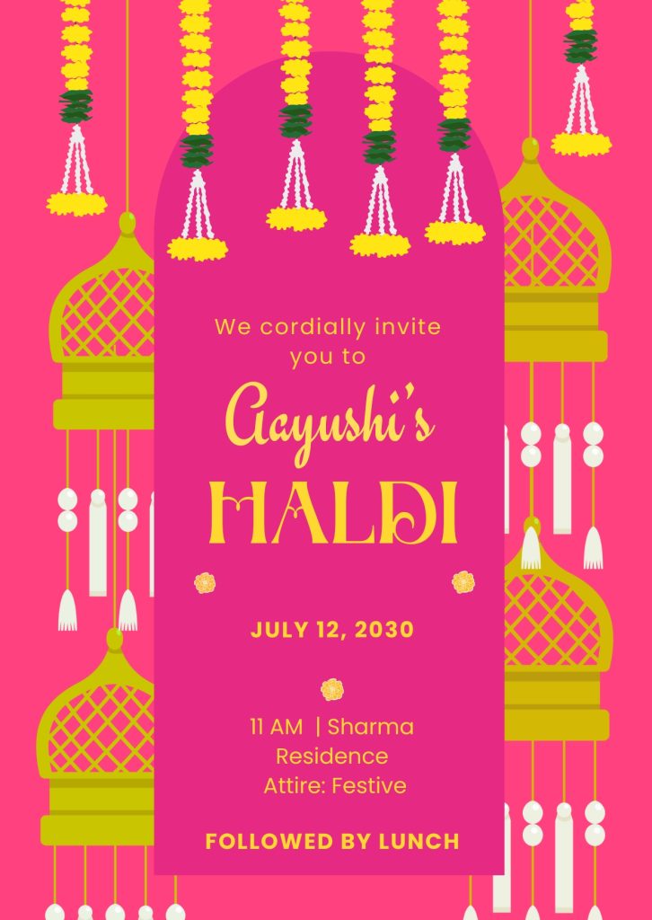 Pink Yellow and Green Haldi Invitation Poster Cards
