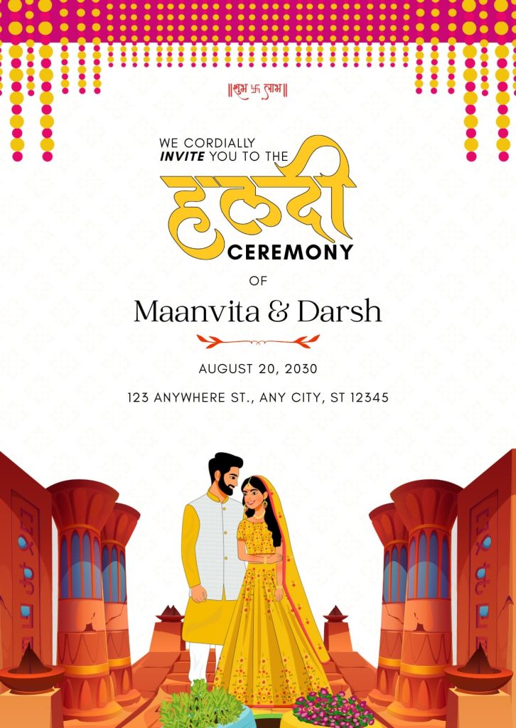 Pink Yellow and White Traditional Haldi Ceremony Invitation Cards Template