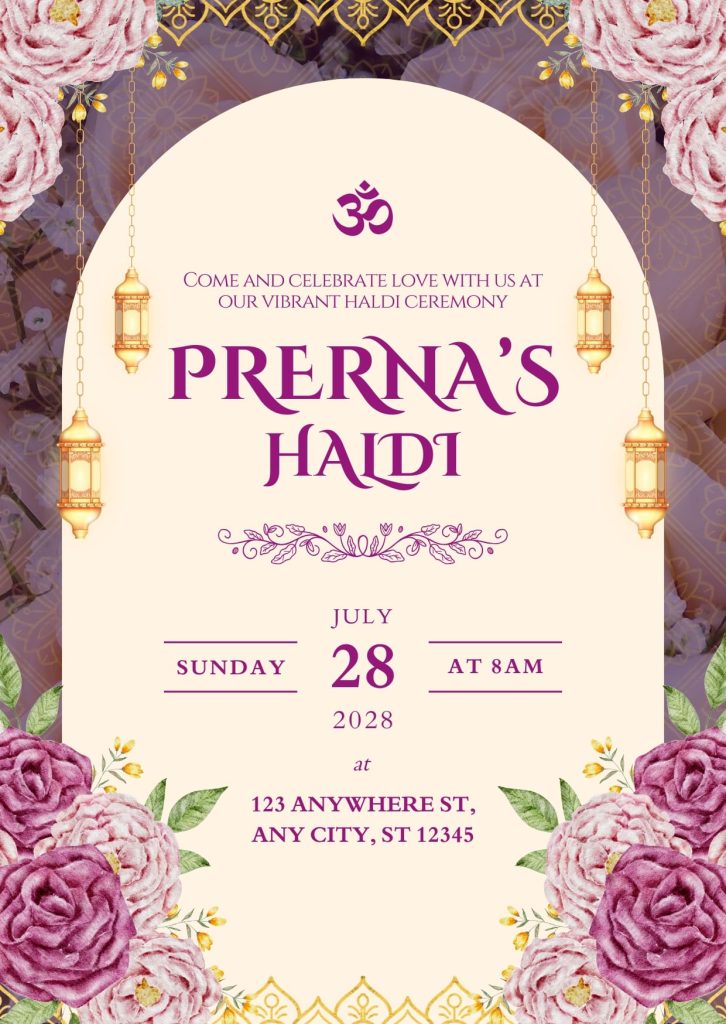 Purple and Cream Traditional Indian Haldi Invitation Cards Template