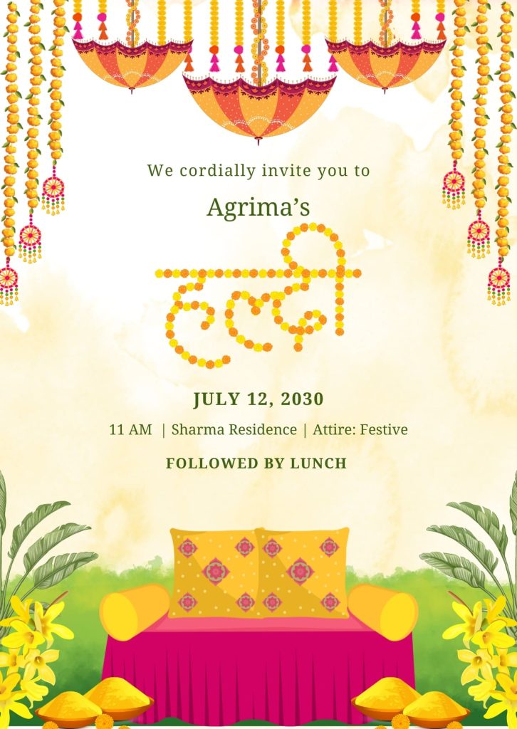 Yellow Green Watercolor Indian Wedding Haldi Invitation Digital Card, Poster & Templates