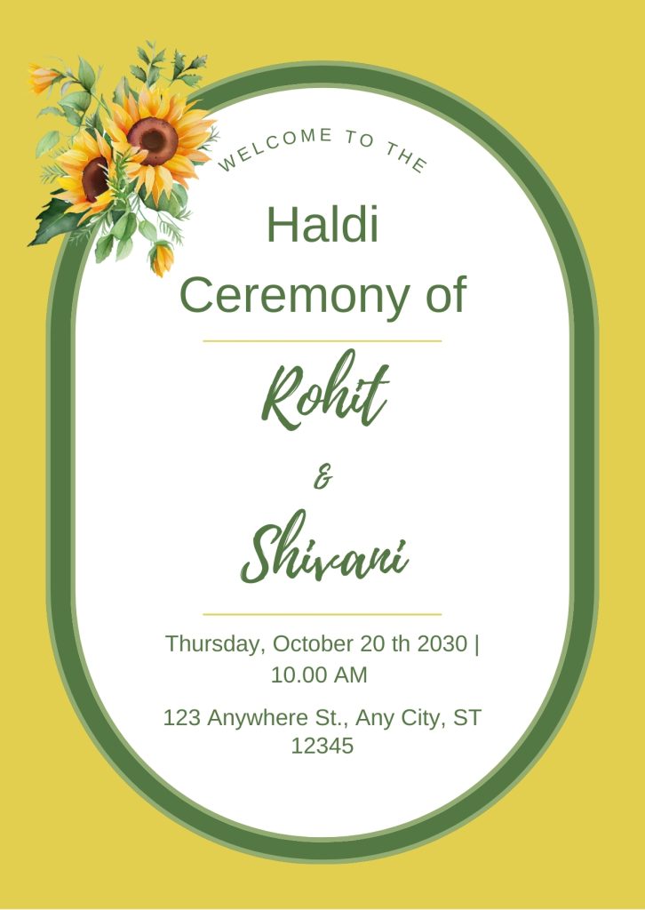 Yellow and Green Minimalist Sunflower Theme Haldi Invitation Poster Cards