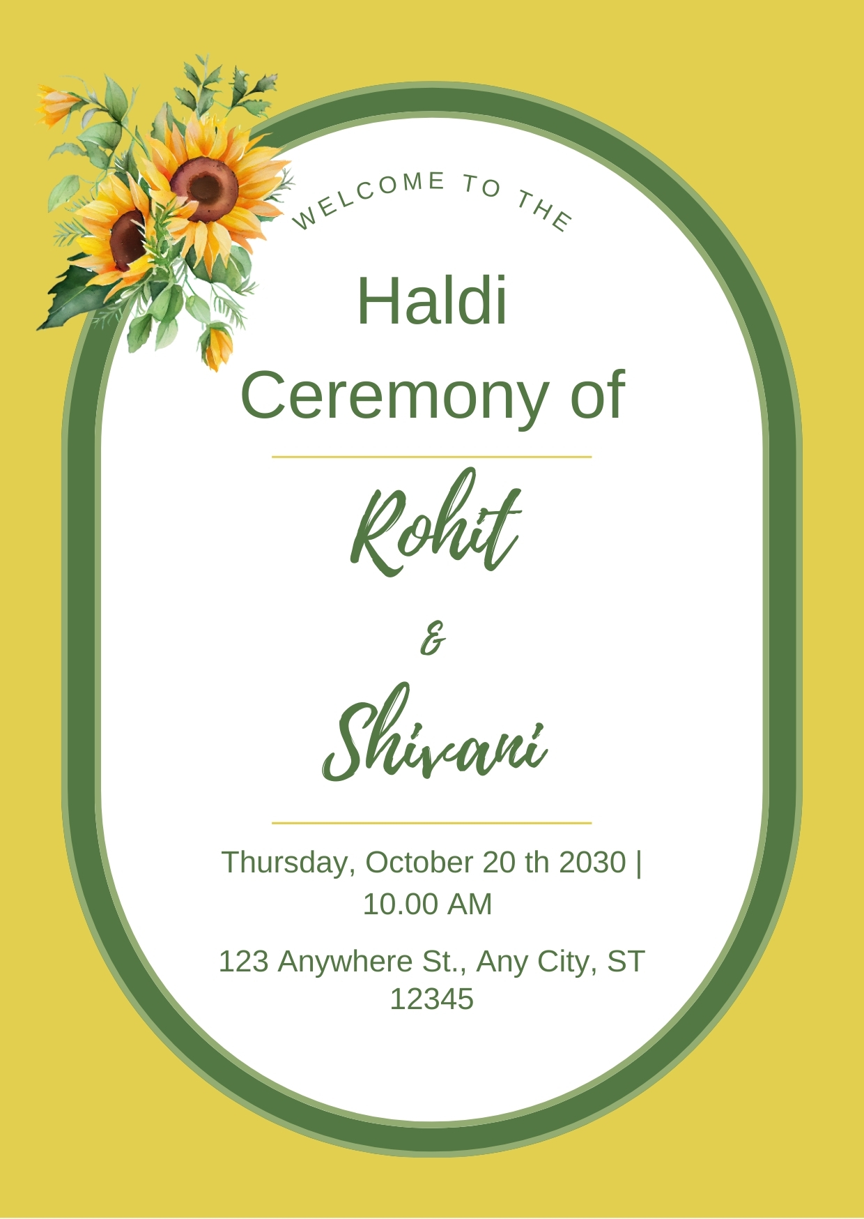 Yellow and Green Minimalist Sunflower Theme Haldi Invitation Poster Cards